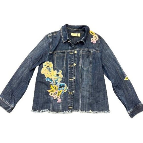 Chicos Long Sleeve Floral Embroidered Applique Denim Jacket Ladies Size 2 / L - Picture 3 of 16
